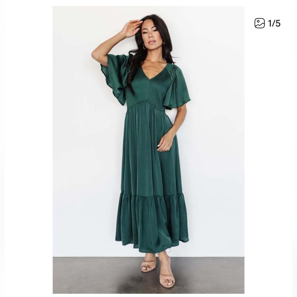 Baltic Born Lovell Green Midi Dress w/ Smocked Waist & V- neck